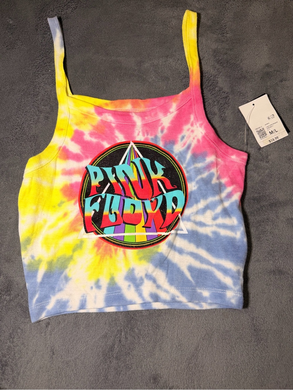 Forever 21 Pink, Yellow & Blue Tie-Dye Pink Floyd Graphic Cropped Tank